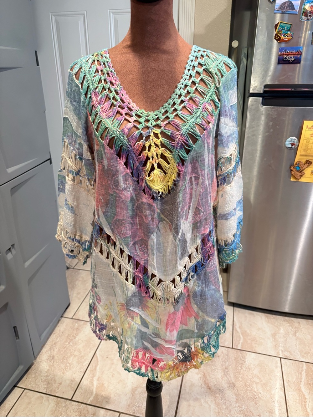 Sheer Multicolor Crochet-Trim Tunic Blouse - Lightweight Floral